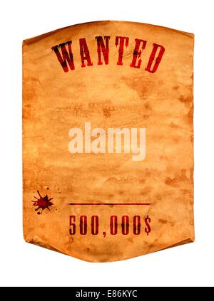 Vintage wanted Poster mit gewellten Rand auf weißem Hintergrund Stockfoto