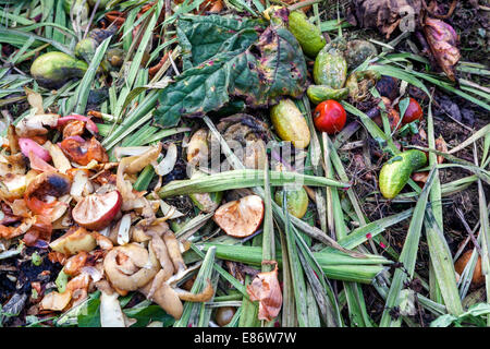 Gartenkomposthaufen, Kompostierung Küchenschrott, biologische Biomasse, Abfall Stockfoto