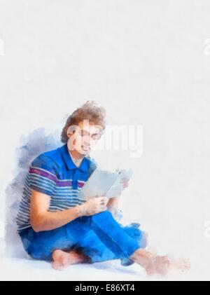 Porträt eines jungen Mannes hält ein offenes Buch, im Studio auf grauem Hintergrund Stockfoto