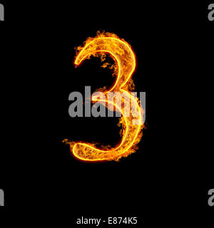 Feuer Alphabet Nr. 3 drei auf schwarzem Hintergrund isoliert. Stockfoto