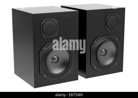 zwei schwarze Lautsprecher isoliert auf weißem Hintergrund Stockfoto