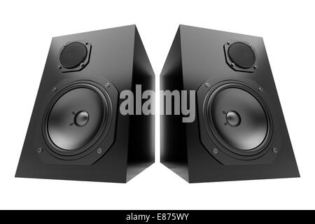 zwei schwarze Lautsprecher isoliert auf weißem Hintergrund Stockfoto