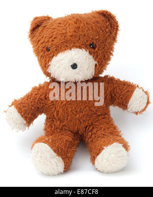 Ein Vintage Teddybär fotografiert vor einem weißen Hintergrund Stockfoto