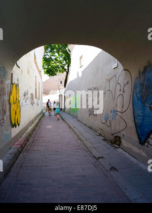 Schüler Fuß entlang einer Graffiti-bedeckten Gasse in Senamiestyje/Altstadt, Vilnius, Litauen Stockfoto