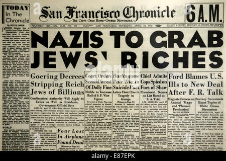 Sandy Springs, Georgia, USA. 1. Oktober 2014. Die Titelseite der 28. April 1938 Ausgabe des San Francisco Chronicle erscheint der Anne Frank in der Welt zeigen. Gefördert durch die Georgien-Kommission auf dem Holocaust, enthält die Ausstellung eine Nachbildung des Anne-Frank Raum, einen virtuellen Rundgang durch Anne Franks Versteck und mehr als 600 Fotos Chronik ihres Lebens. Bildnachweis: Brian Cahn/ZUMA Draht/Alamy Live-Nachrichten Stockfoto