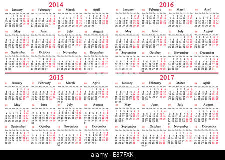 üblichen Geschäftszeiten Kalender für die Jahre 2014-2017 Stockfoto