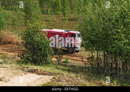 Rennen auf einer Rallye-Raid auf junger Wald. Stockfoto