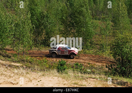 Rennen auf einer Rallye-Raid auf junger Wald. Stockfoto