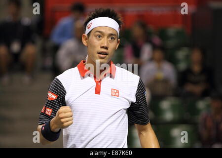 1. Oktober 2014. 1. Oktober 2014. Kei Nishikori (JPN), 1. Oktober 2014 - Tennis: Kei Nishikori Japan reagiert während der ersten Vorrundenspiel am Rakuten Japan Open Tennis Championships 2014 gegen Ivan Dodig Kroatiens in Tokio am 1. Oktober 2014. Bildnachweis: Motoo Naka/AFLO/Alamy Live-Nachrichten Stockfoto