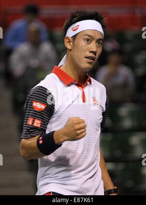 1. Oktober 2014. 1. Oktober 2014. Kei Nishikori (JPN), 1. Oktober 2014 - Tennis: Kei Nishikori Japan reagiert während der ersten Vorrundenspiel am Rakuten Japan Open Tennis Championships 2014 gegen Ivan Dodig Kroatiens in Tokio am 1. Oktober 2014. Bildnachweis: Motoo Naka/AFLO/Alamy Live-Nachrichten Stockfoto