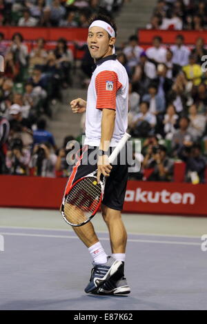 1. Oktober 2014. 1. Oktober 2014. Kei Nishikori (JPN), 1. Oktober 2014 - Tennis: Kei Nishikori Japan reagiert während der ersten Vorrundenspiel am Rakuten Japan Open Tennis Championships 2014 gegen Ivan Dodig Kroatiens in Tokio am 1. Oktober 2014. Bildnachweis: Motoo Naka/AFLO/Alamy Live-Nachrichten Stockfoto