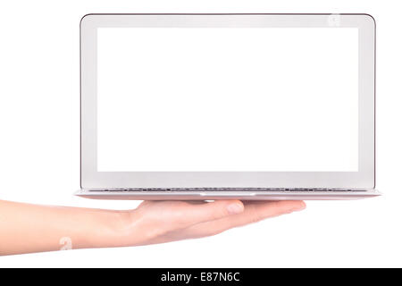 Laptop mit Frau Hand isoliert auf weißem Hintergrund Stockfoto