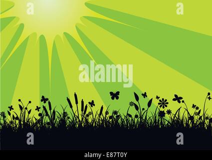 Vektor-Illustration der friedlichen Landschaft mit Silhouette von Blumen, Rasen und Schmetterling Stock Vektor