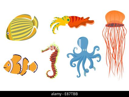 Vektor-Illustration lustig Meer Tiere Symbole. Unsere aquatischen Freunde, die Sie auf die Weile treffen können Tauchen. Stock Vektor