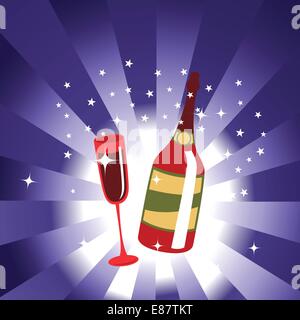 Vektor-Illustration der Weinflasche und Glas auf dem blauen Hintergrund, verziert mit schönen Sterne. Stock Vektor
