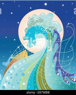 Vektor-Illustration eines Fischers auf dem kleinen Boot mit Fischernetz Stock Vektor