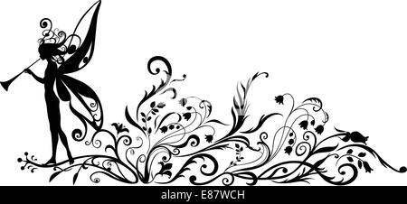 Vector Illustration Silhouette der Märchen mit magischen Pfeife auf Blumen-Muster-design Stock Vektor