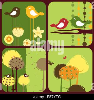 Vektor-Illustration Stil Design-Grußkarten mit Retro-Stil Vögel und Bäume Stock Vektor