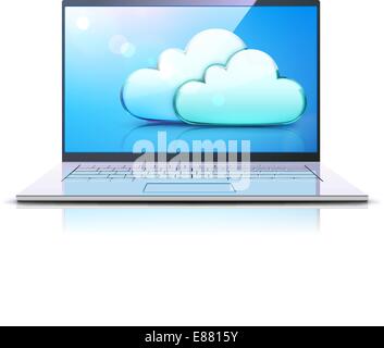 Vektor-Illustration von Cloud-computing-Konzept mit modernen Laptop und blaue Internetsymbol Wolken Stock Vektor