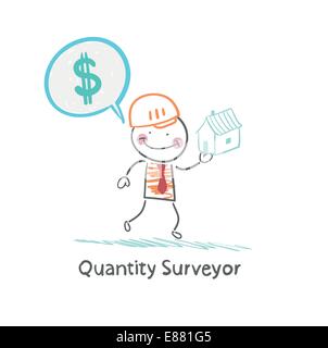 Quantity Surveyor hält ein Haus und denken über Geld Stock Vektor