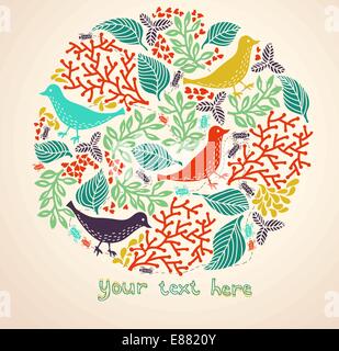 Vektor-Illustration eines floralen Kreises mit abstrakten Vögel und Insekten Stock Vektor