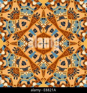 ethnische Musterdesign. Indische Ornament, kaleidoskopische Flora-Muster, Mandala in der gelben Farbe. Afrikanische abstrakte nahtlose Muster Stock Vektor