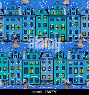 Weihnachten Vektor Musterdesign mit geschmückten Häuser und Cristmas Lichter Stock Vektor
