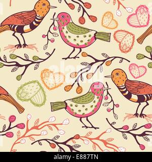 nahtlose Vektormuster mit Vögel und Herzen Stock Vektor