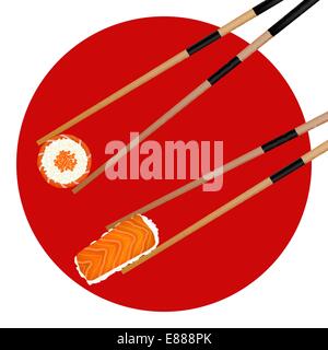 Sushi Rollen roten Kaviar und Shrimps in Stäbchen isoliert auf die japanische Flagge. Stock Vektor