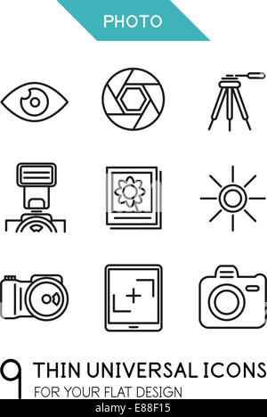 Sammlung von Foto trendige dünne Linie Icons für Ihre flache Bauweise, isoliert auf weiss Stock Vektor