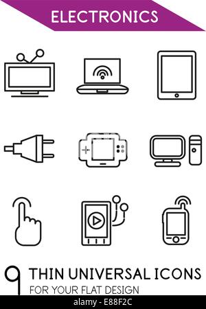 Elektronik-dünne Linie-Icon-Set - 9 Computer Symbole für Ihre flachen deisgn Stock Vektor