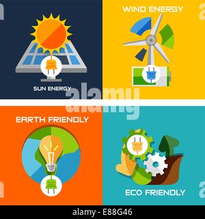 Satz von flache Design Konzepte - grüne Energie. Sonnenkollektoren, Windmühle, Batterie, Glühbirne, Natur Maschinenkonzept Stock Vektor
