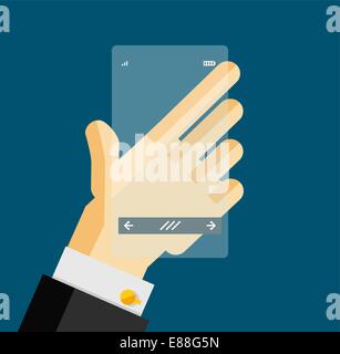 Hand mit transparenten Bildschirm Handy. Flache Design-Konzept Stock Vektor