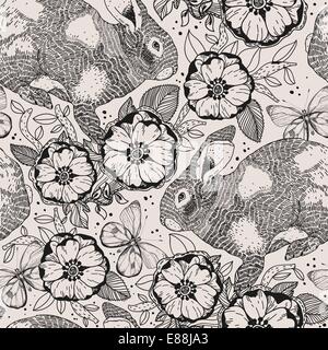 Vektor floral nahtlose Muster mit Blumen und Kaninchen Stock Vektor