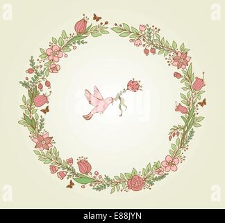 Dekorativer Kranz aus rosa Blüten, Blätter und Vogel Stock Vektor
