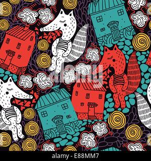 Vektor nahtlose Muster mit bunten Füchse und Häuser Stock Vektor