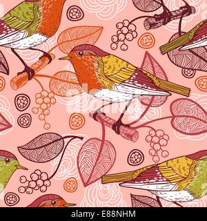 nahtlose Vektormuster Vögel mit Beeren Stock Vektor