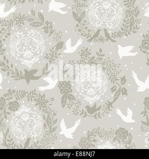 Vektor nahtlose floralen Muster mit floralen Herzen und fliegende Vögel Stock Vektor