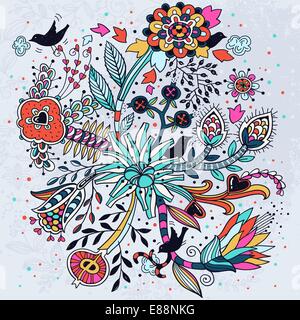 Vektor-Illustration Fantasy bunte Baum mit Früchten, Vögel und Blumen Stock Vektor