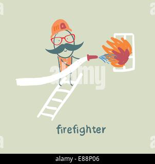 Feuerwehrmann löscht einen Brand im Fenster stehend auf der Treppe Stock Vektor
