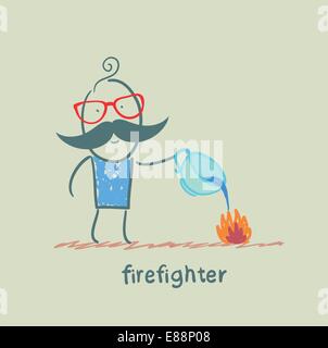 Feuerwehrmann löscht Feuer mit Wasser aus einer Tasse Stock Vektor