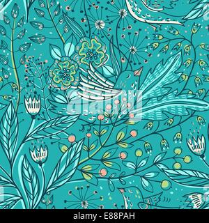 Vektor floral nahtlose Muster mit Fantasie Vögel und Pflanzen Stock Vektor