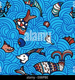 Vektor nahtlose Muster mit einem Abtract Meer und bunte Fische Stock Vektor