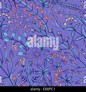 Vektor floral nahtlose Muster mit Kräutern und Pflanzen auf violettem Hintergrund Stock Vektor