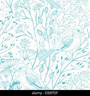 Vektor floral nahtlose Muster mit blauen Kräutern und Vögel Stock Vektor