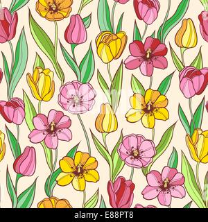 Nahtlose Vektormuster mit rote und gelbe Tulpen Stock Vektor