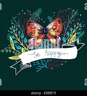 florale Vektor-Illustration eines Schmetterlings mit Kräutern und Pflanzen Stock Vektor