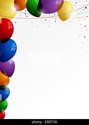 Bunte Luftballons auf weißem Hintergrund mit farbigen Fäden und Konfetti Stock Vektor