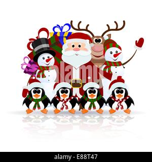 Santa Claus, Pinguine, Rentier und Schneemann auf dem Eis - Grußkarte für Weihnachten Stock Vektor