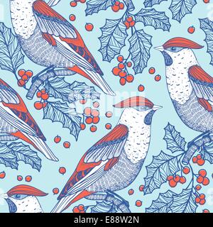 Weihnachten Vektor alte altmodische Musterdesign mit Vögel und Beeren der Stechpalme Stock Vektor